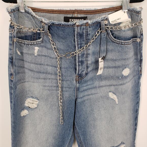 Express Straight Ankle Jeans 8 High Rise Waist Distressed Chain Raw Hem Blue NWT - Picture 6 of 13